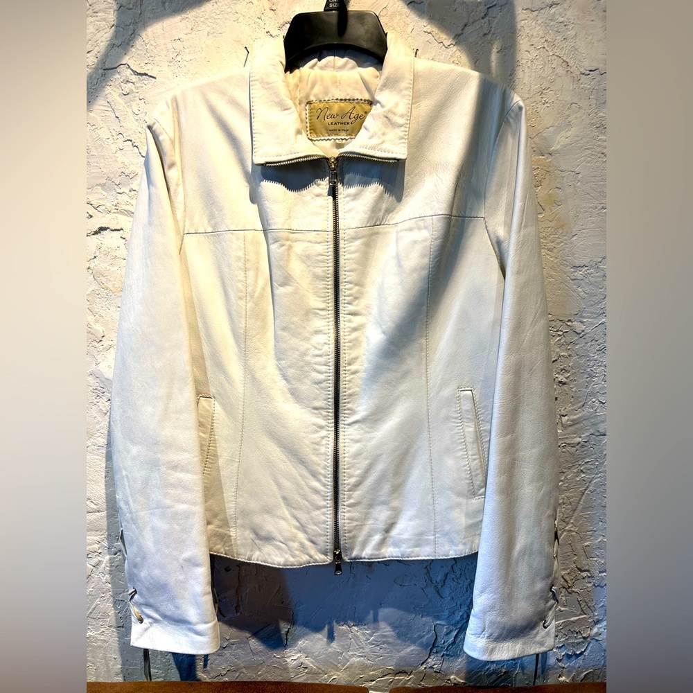 Women’s white Italian leather motorcycle jacket with fringe